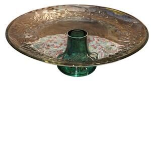 Vintage Glass Cake Stand with A Green Pedestal Raised Fruit Art 5” T X 12.5” R